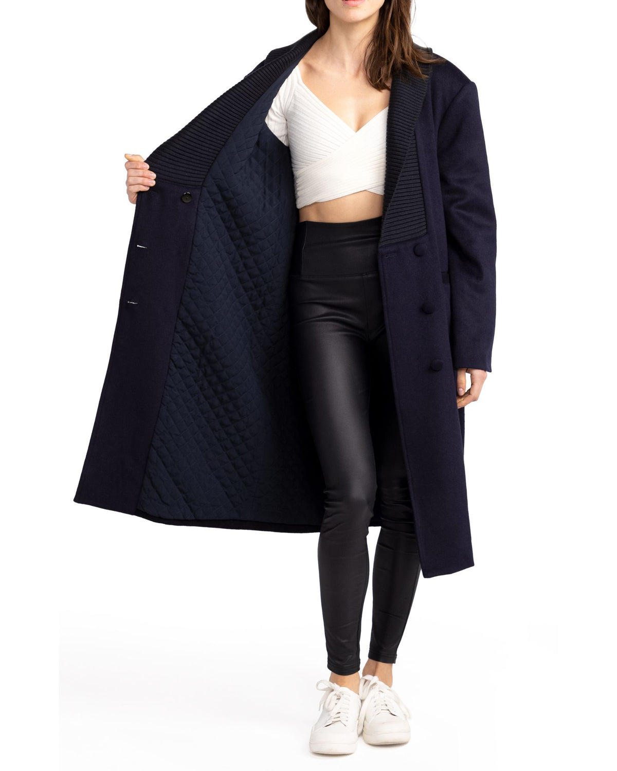 Navy After Party Wool Blend Qulited Lining Coat with quilted full lining - alternate view