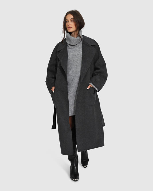 Big Girl Belted Wool Blend Coat - Charcoal