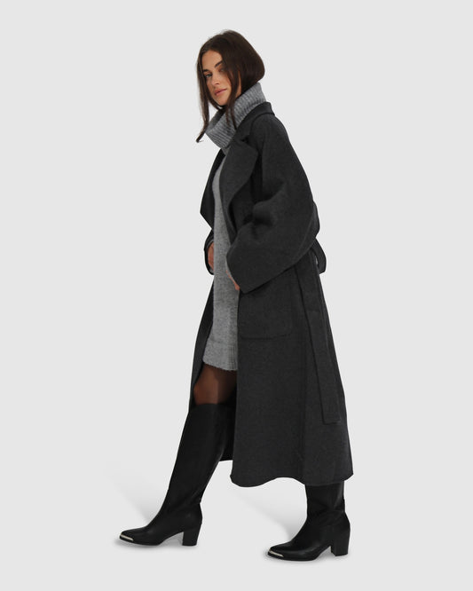 Big Girl Belted Wool Blend Coat - Charcoal