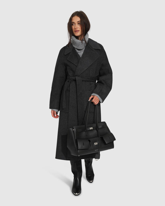 Big Girl Belted Wool Blend Coat - Charcoal