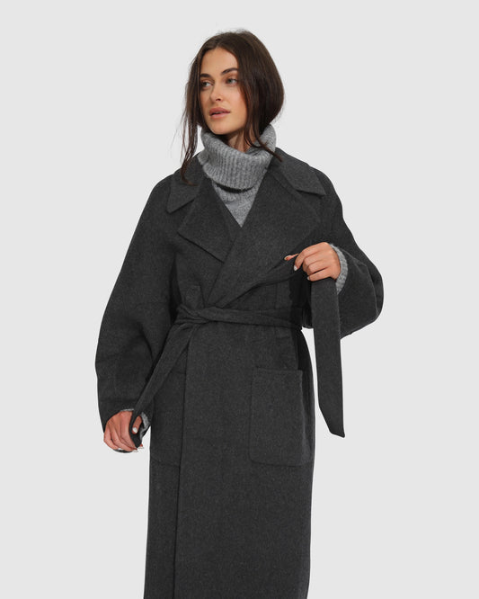 Big Girl Belted Wool Blend Coat - Charcoal
