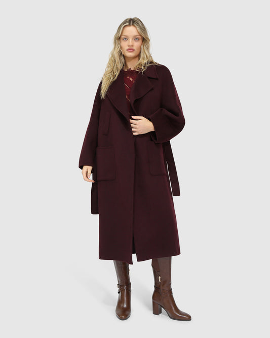 Big Girl Belted Wool Blend Coat - Burgundy
