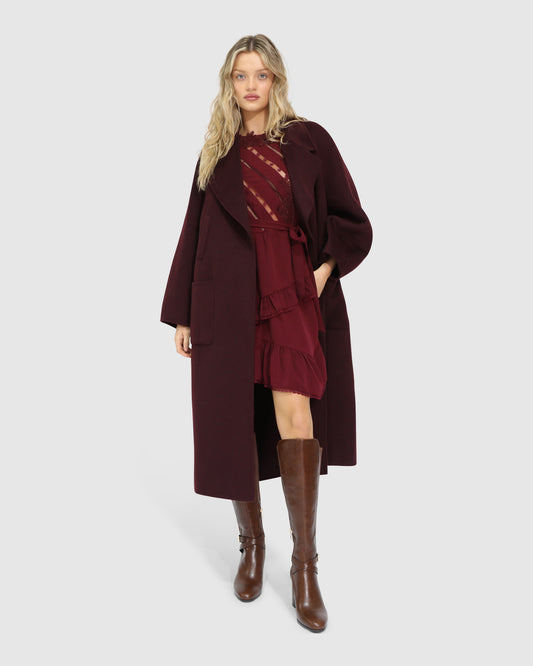 Big Girl Belted Wool Blend Coat - Burgundy