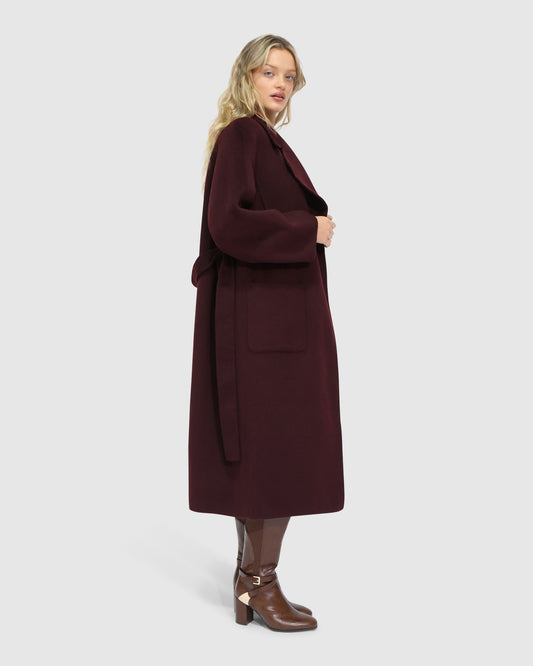 Big Girl Belted Wool Blend Coat - Burgundy