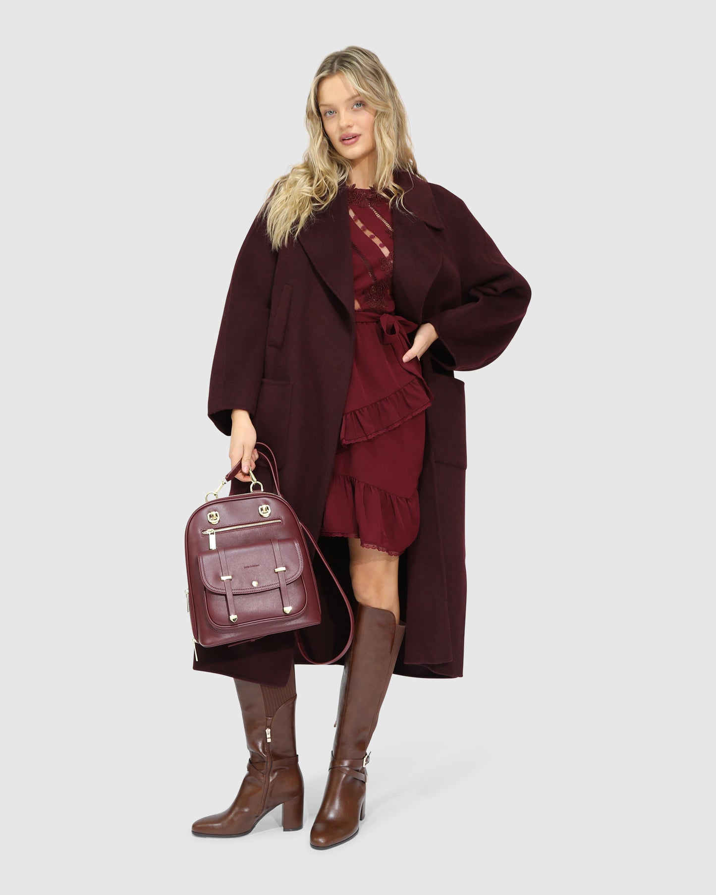 Big Girl Belted Wool Blend Coat - Burgundy