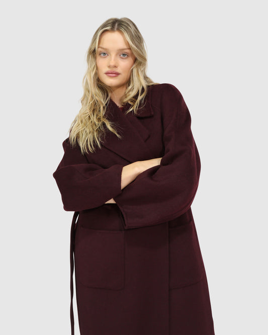 Big Girl Belted Wool Blend Coat - Burgundy