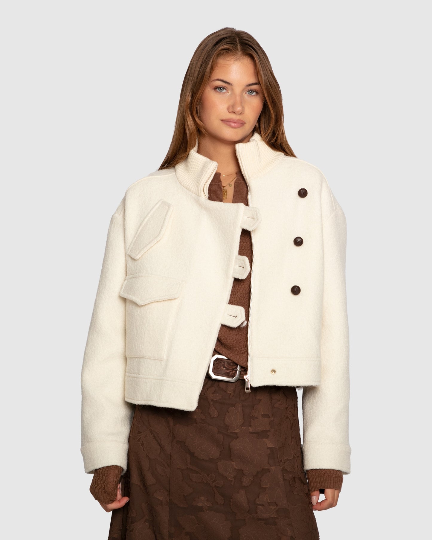 Crystal Skies Cropped Wool Rib Jacket - Cream