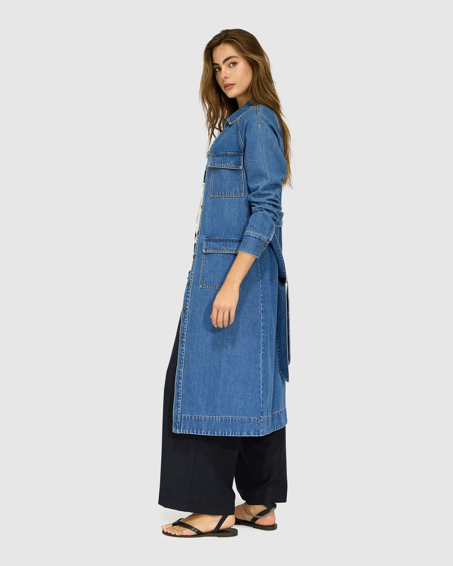 See Through You Midi Belted Trench Dress - Mid Blue
