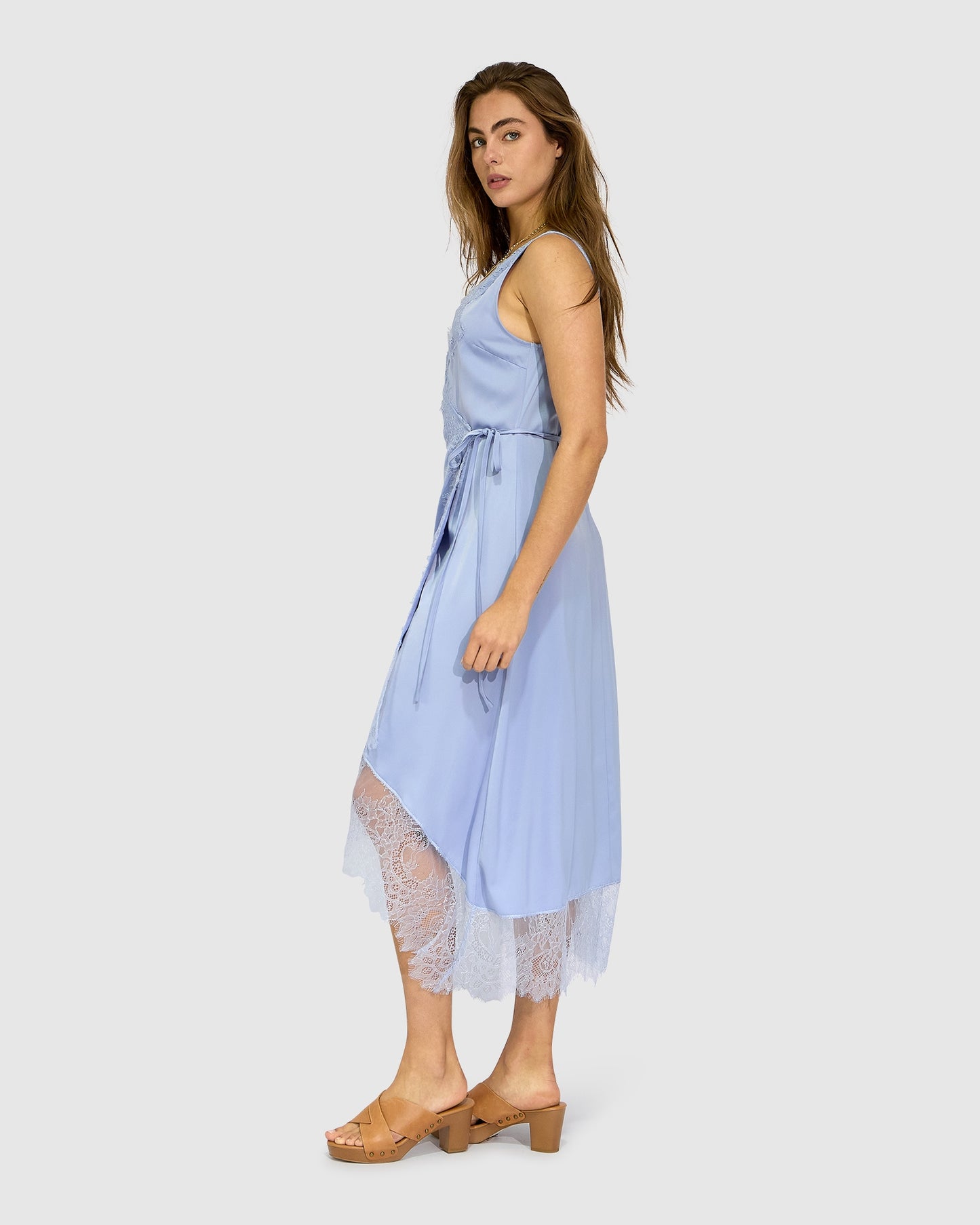 Soft Temptation Lace Trim Wrap Dress - Blue