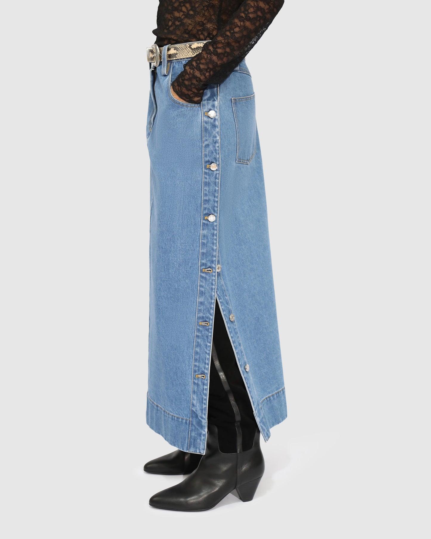 Edge Line Denim Maxi Skirt with Side Buttons - Mid Denim Wash