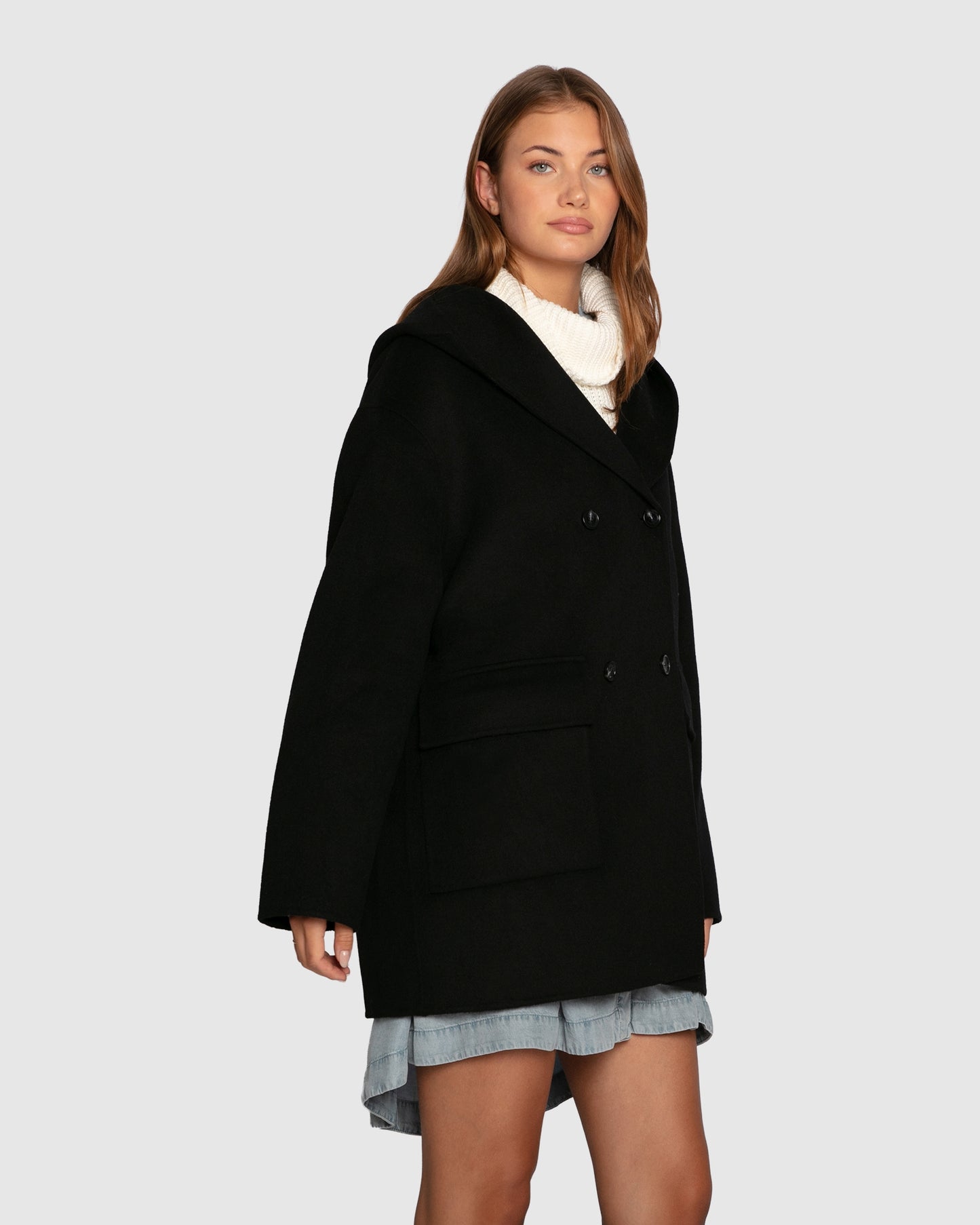 Coastal Edit Hooded Wool Blend Coat - Black