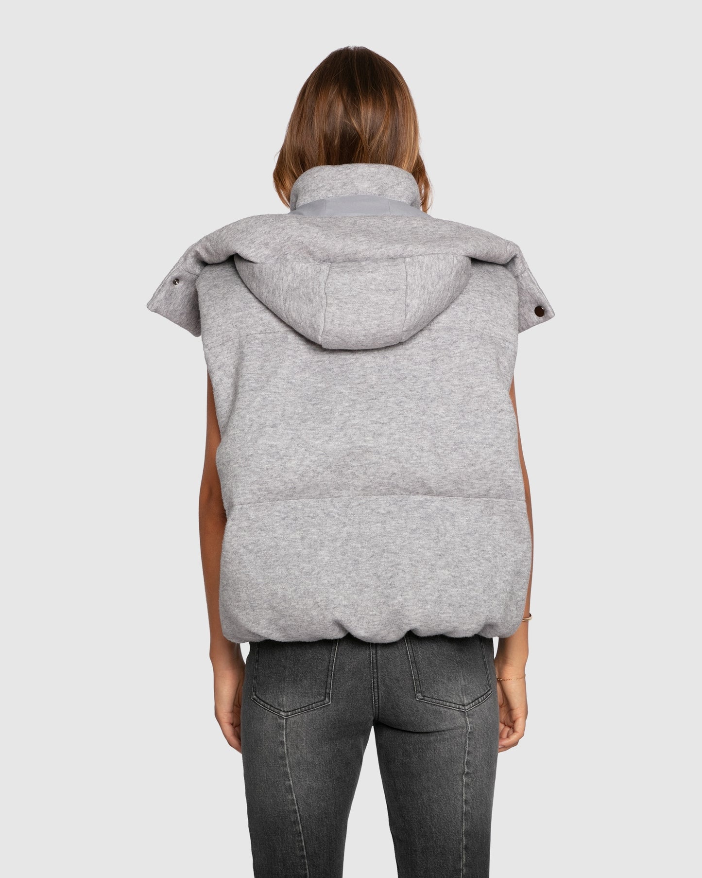 Hooded puffer vest back view grey melange