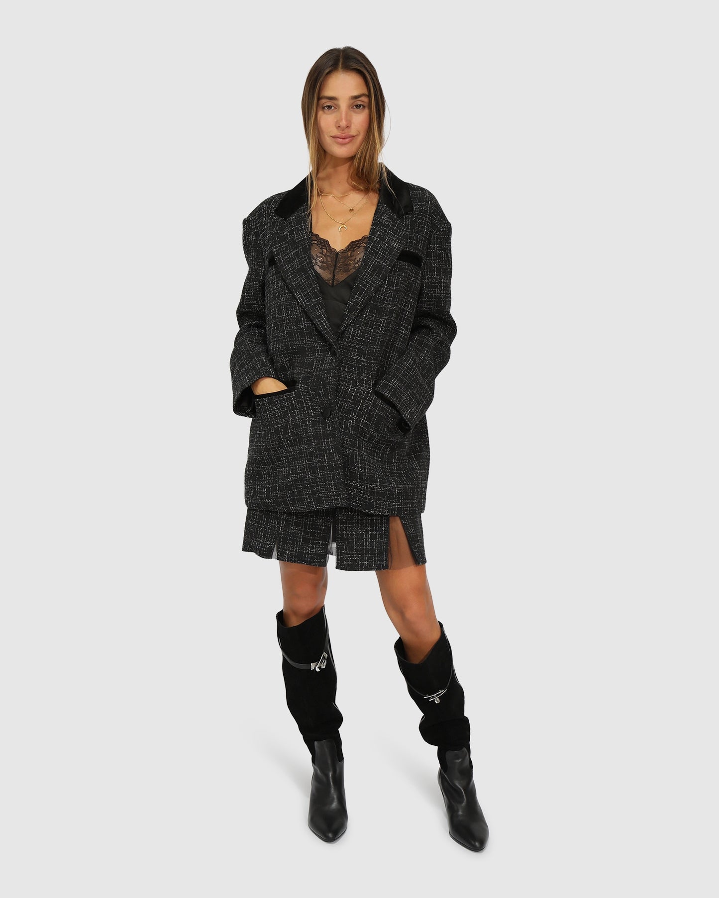 City Noir Tweed Oversized Blazer - Black