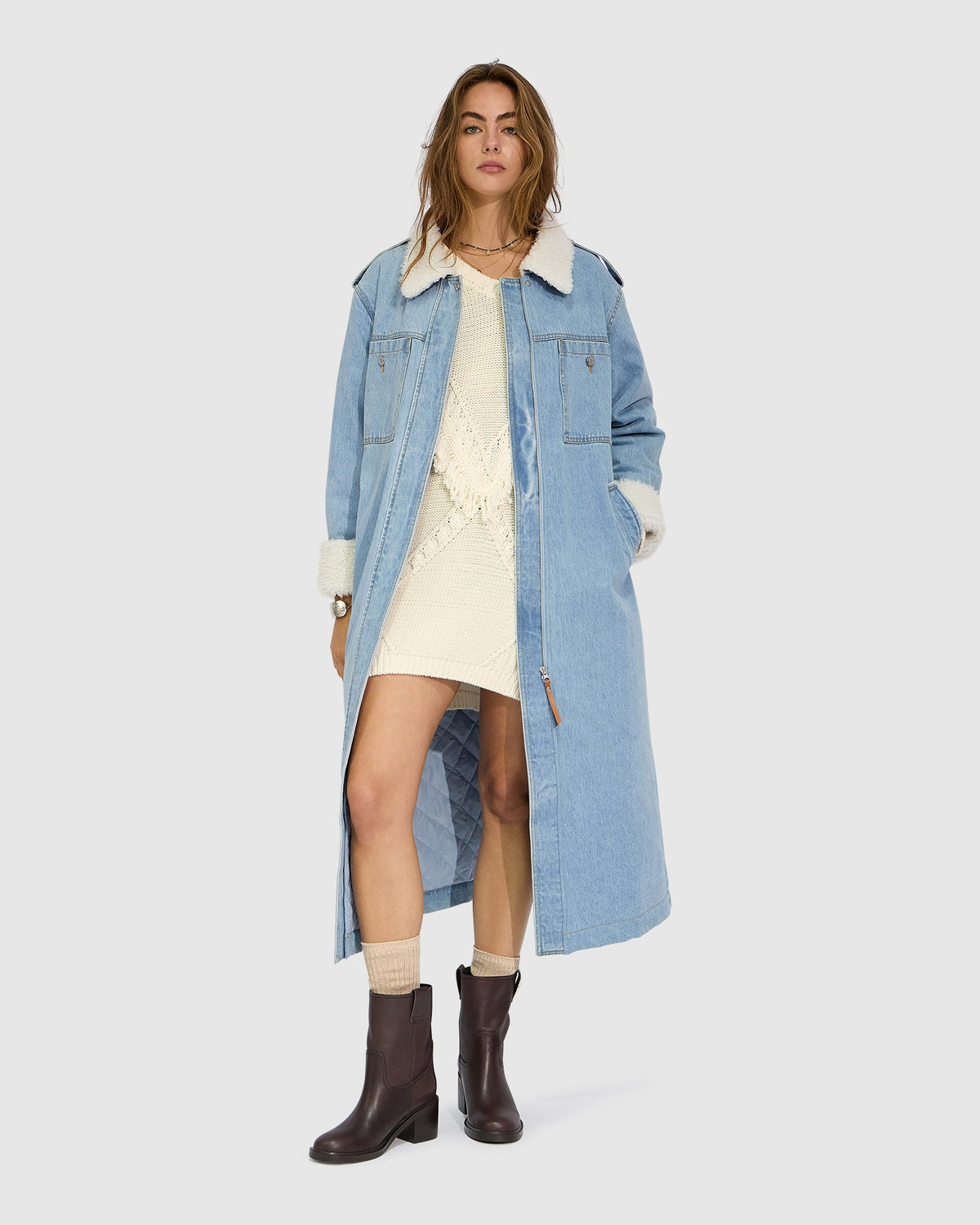 Chill Rider Denim Shearling Coat - Stonewash