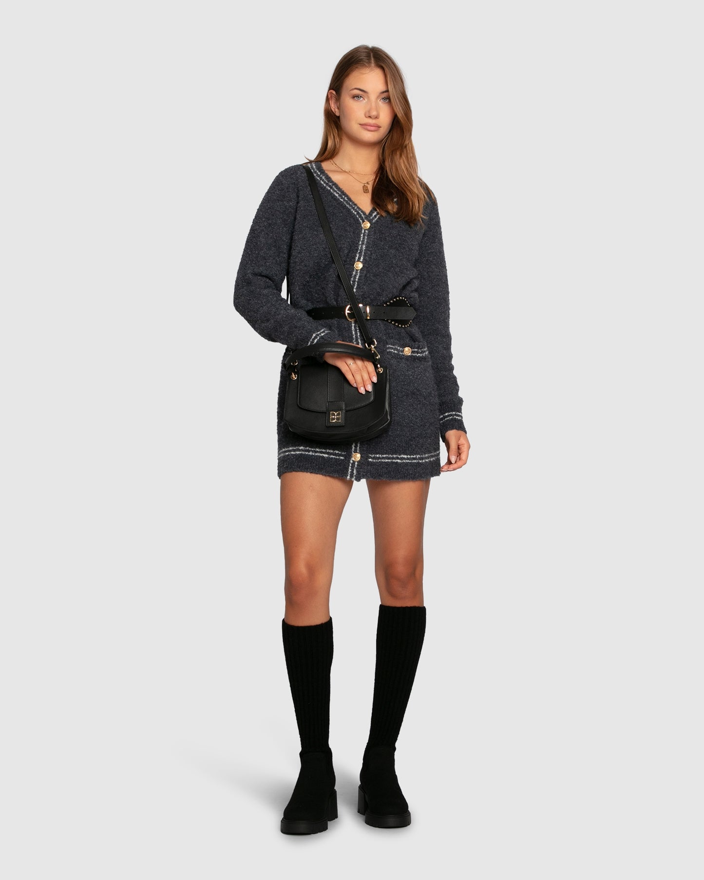 Cute In This Mini Cardigan Dress - Charcoal