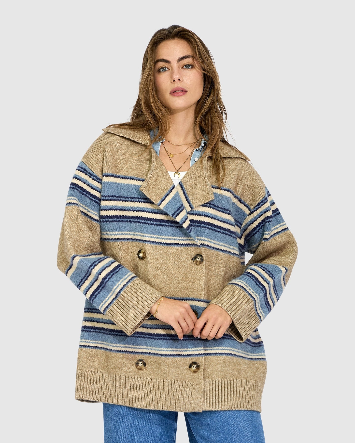 So Many Likes Oversized Knitted Cardi Coat - Beige/Blue