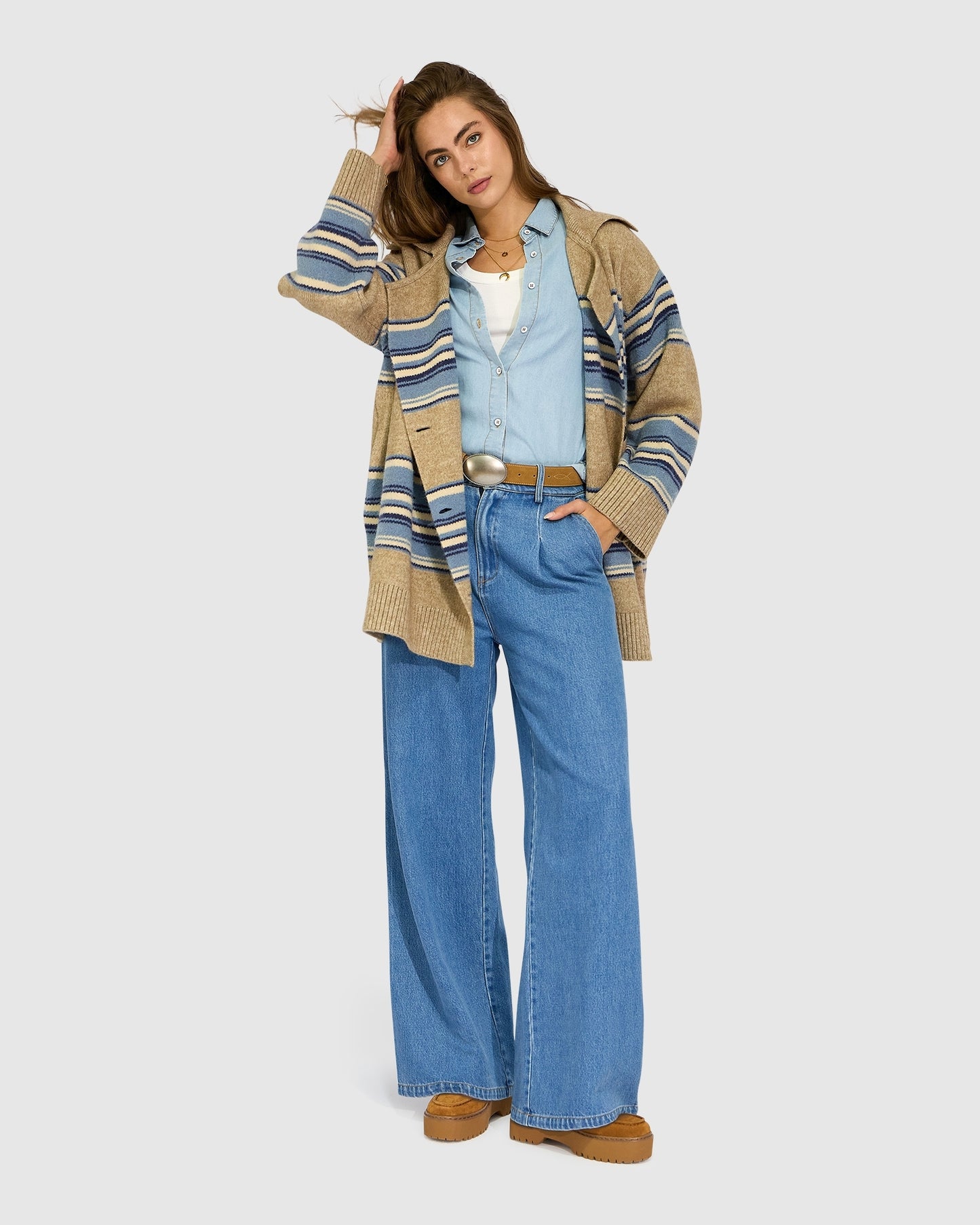 So Many Likes Oversized Knitted Cardi Coat - Beige/Blue