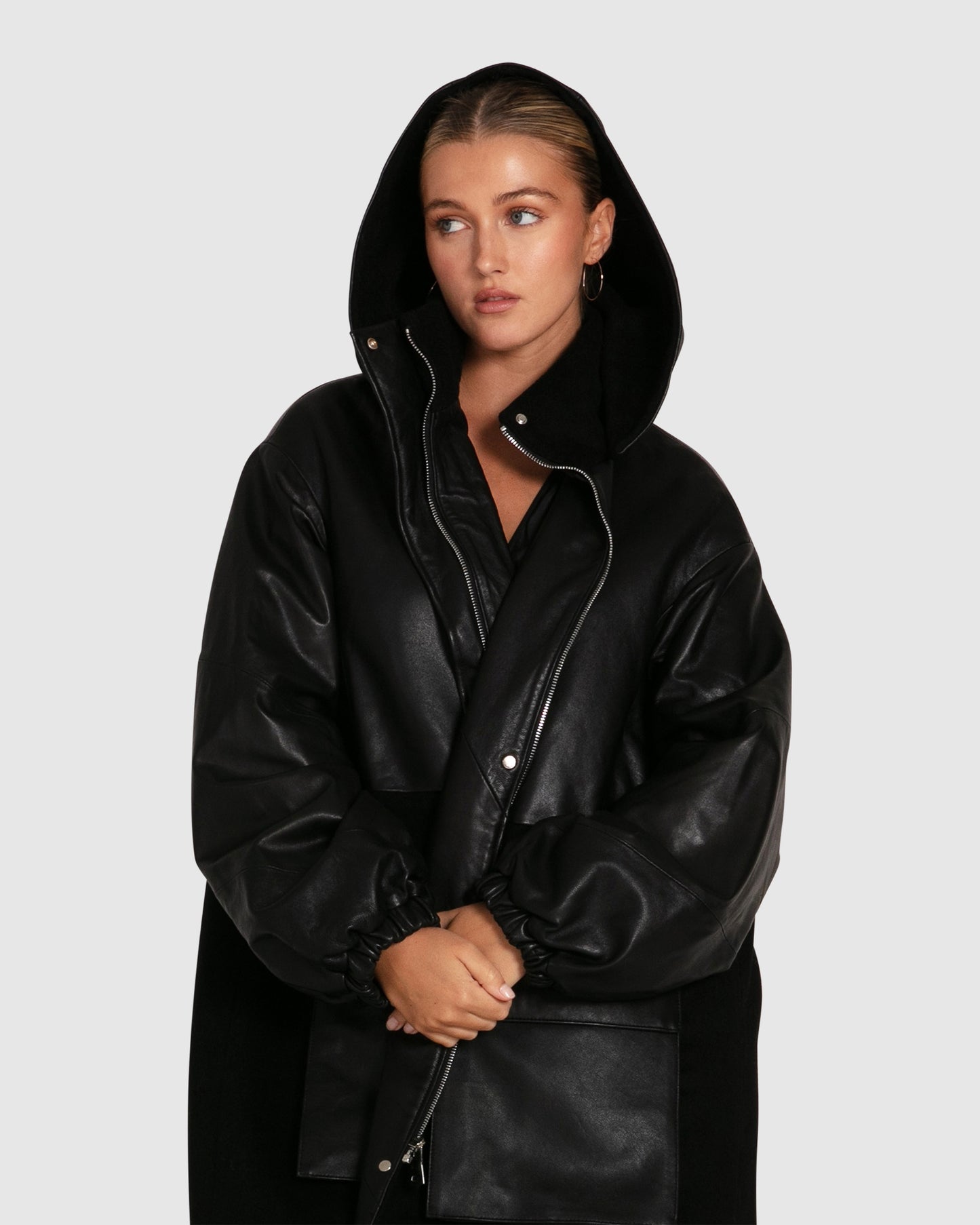 Back to Black Oversized Leather Panelled Coat - Black