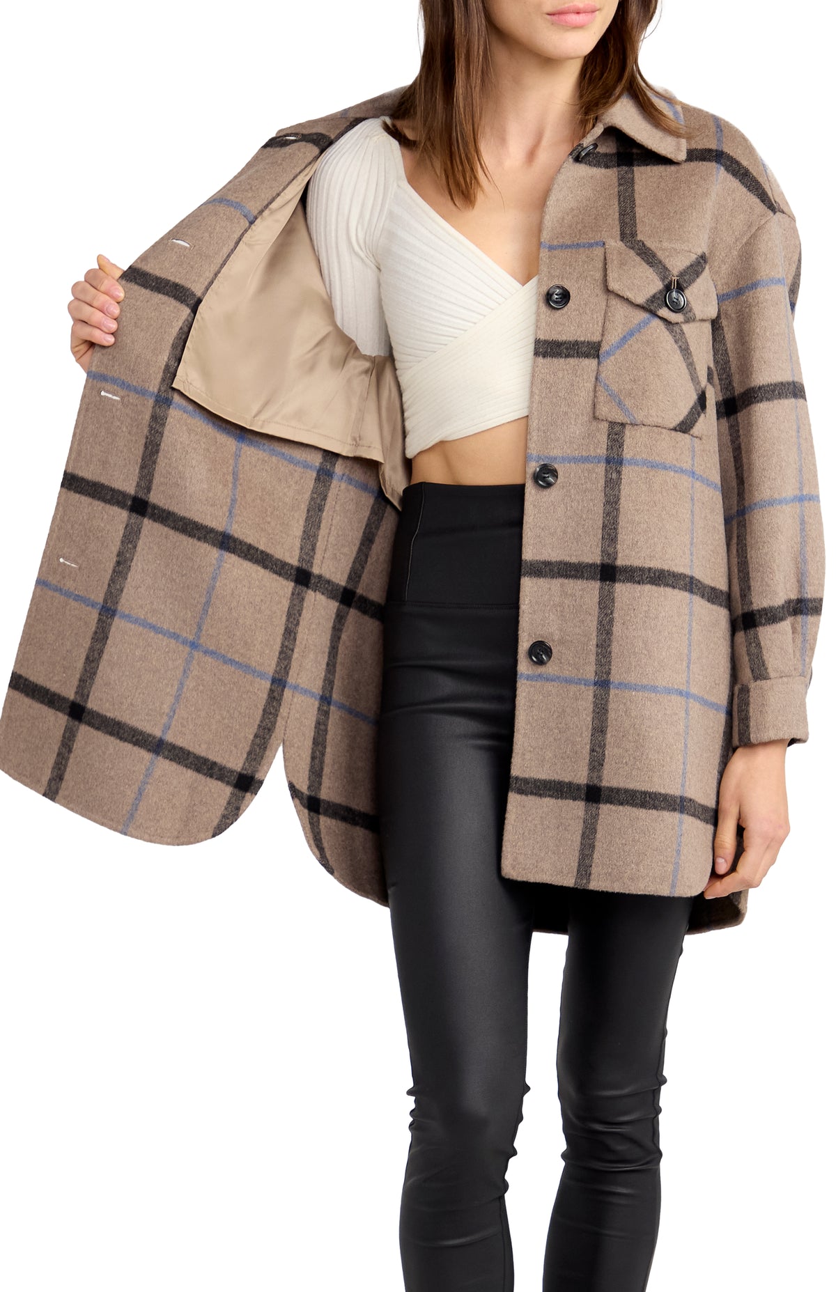Oat Plaid Back Together Wool Blend Belted Shacket - interior compartments