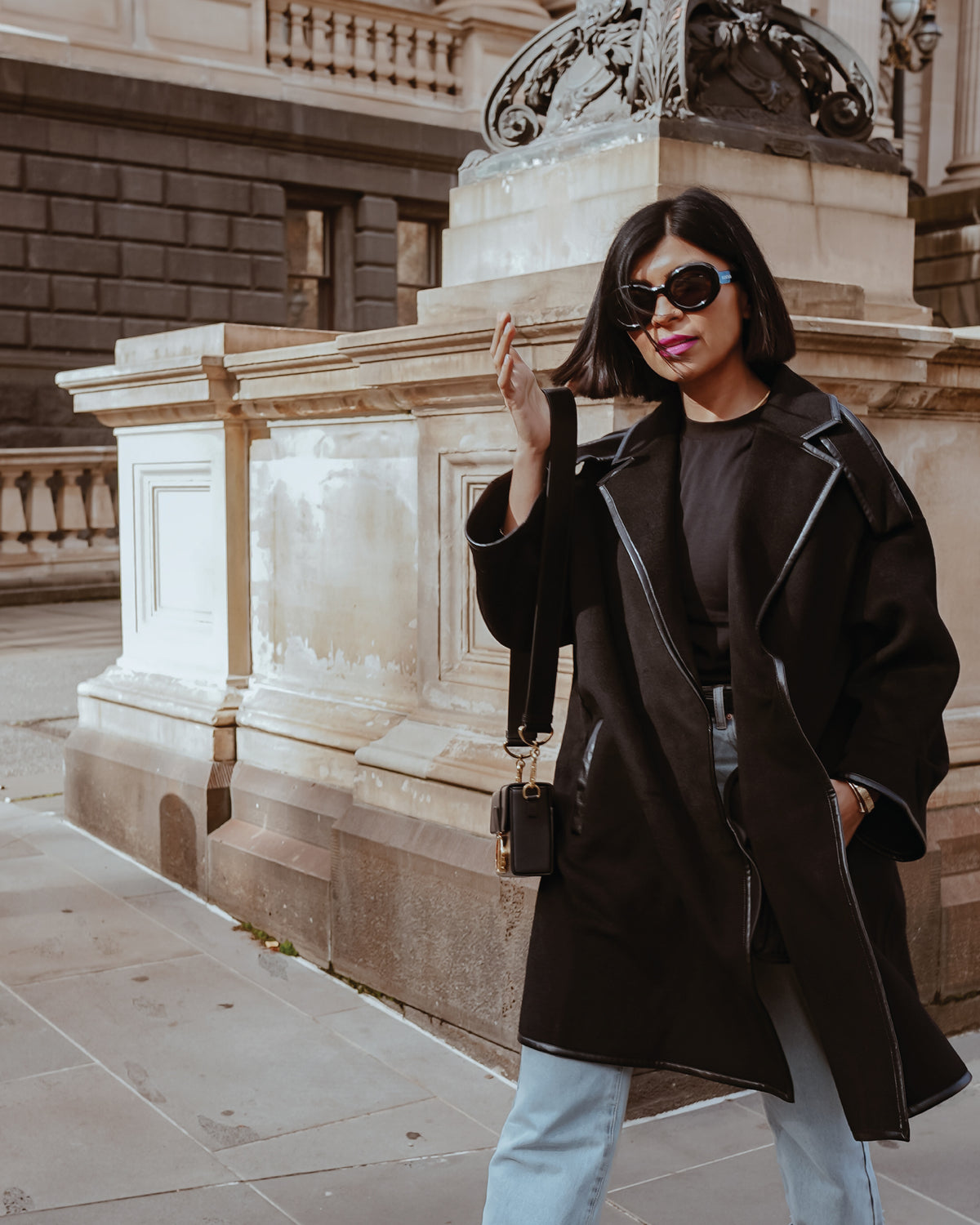 Black Incomplete Kiss Trimmed Coat with oversized fit - alternate view