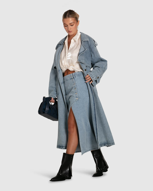 Can't Forget You Denim Midi Skirt - Stonewash