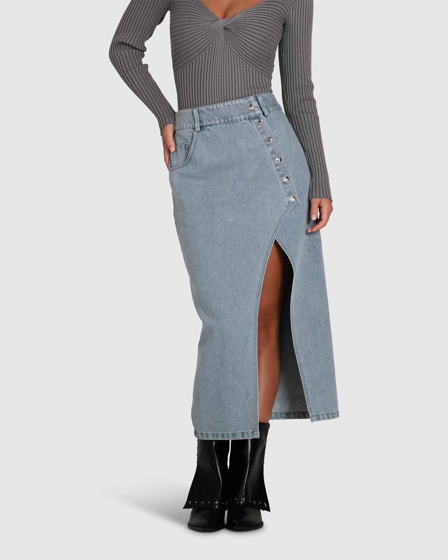 Can't Forget You Denim Midi Skirt - Stonewash
