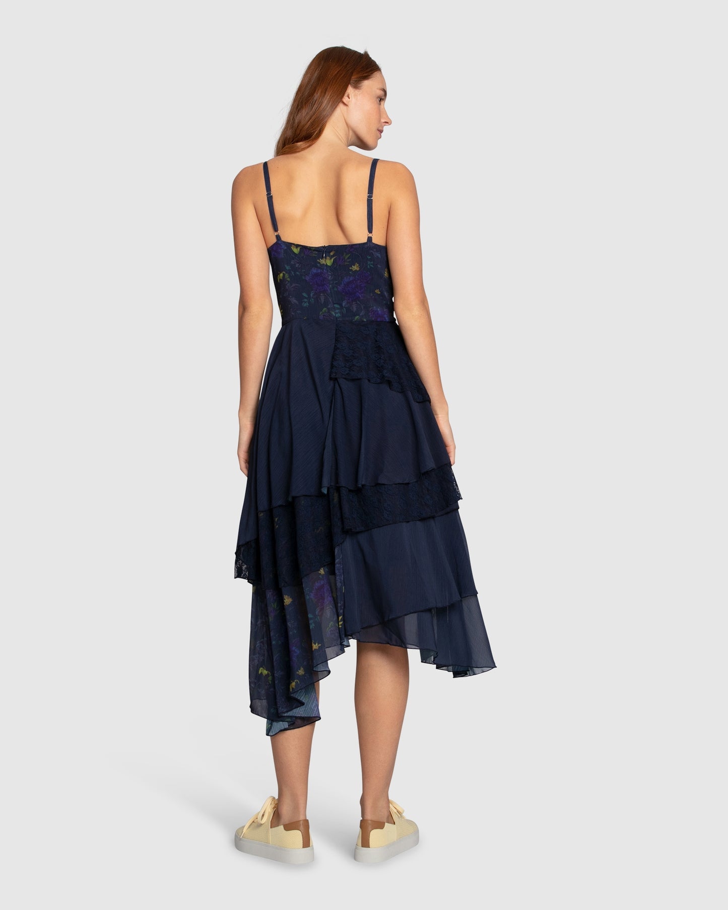 Charmed Floral Print Ruffle Midi Dress - Navy