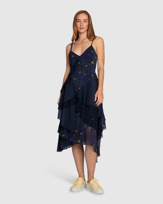 Charmed Floral Print Ruffle Midi Dress - Navy