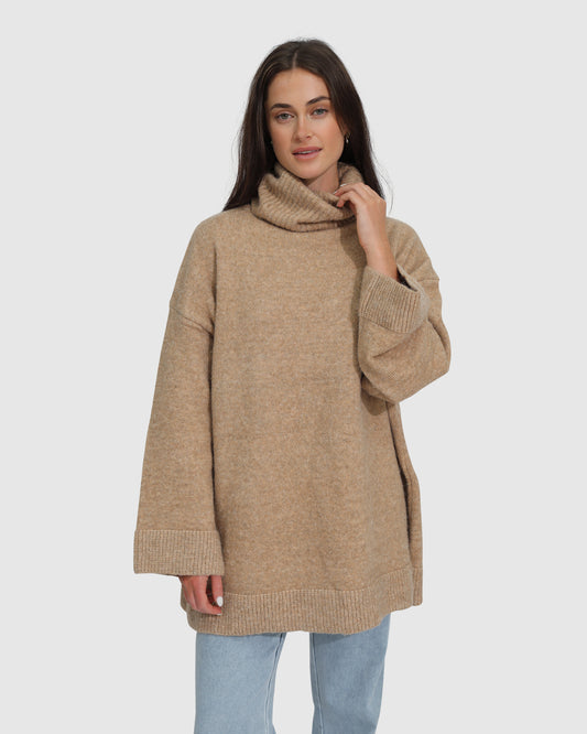 Cuddle Me Oversized Tunic Sweater - Beige