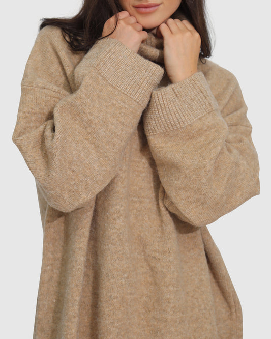 Cuddle Me Oversized Tunic Sweater - Beige