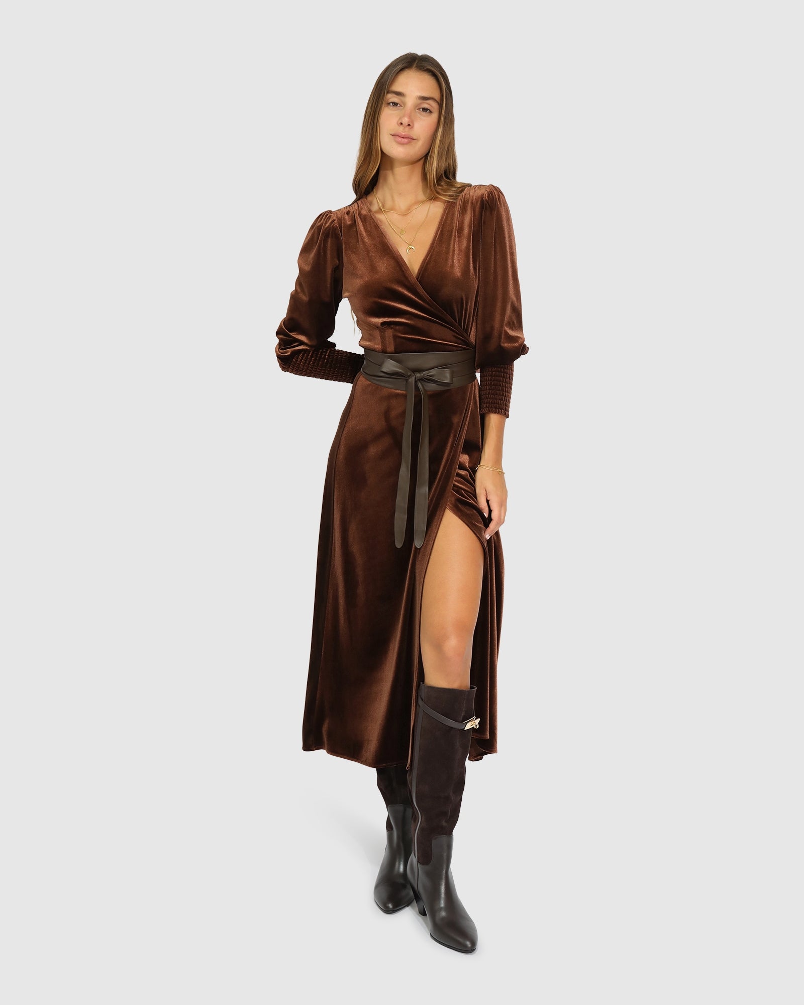 brown velvet wrap dress Current Mood group_size:petite:petite-size-3-4-sleeve-fit-and-flare-dress-l14008p-black Size:0-HEM UP ME+EMs Brown Silk Blend Lace Long Dress With