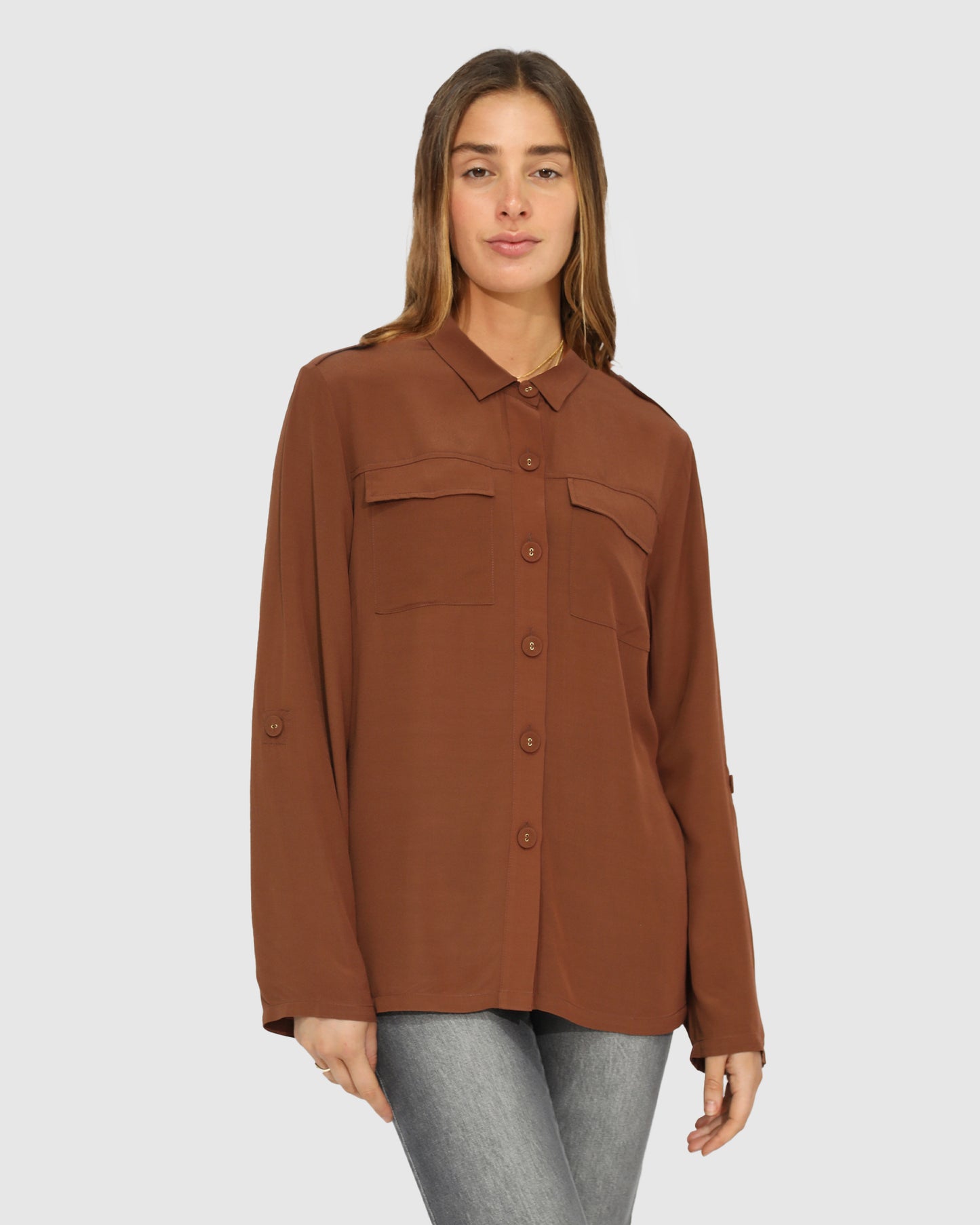 Eclipse Rolled Sleeve Blouse - Chocolate