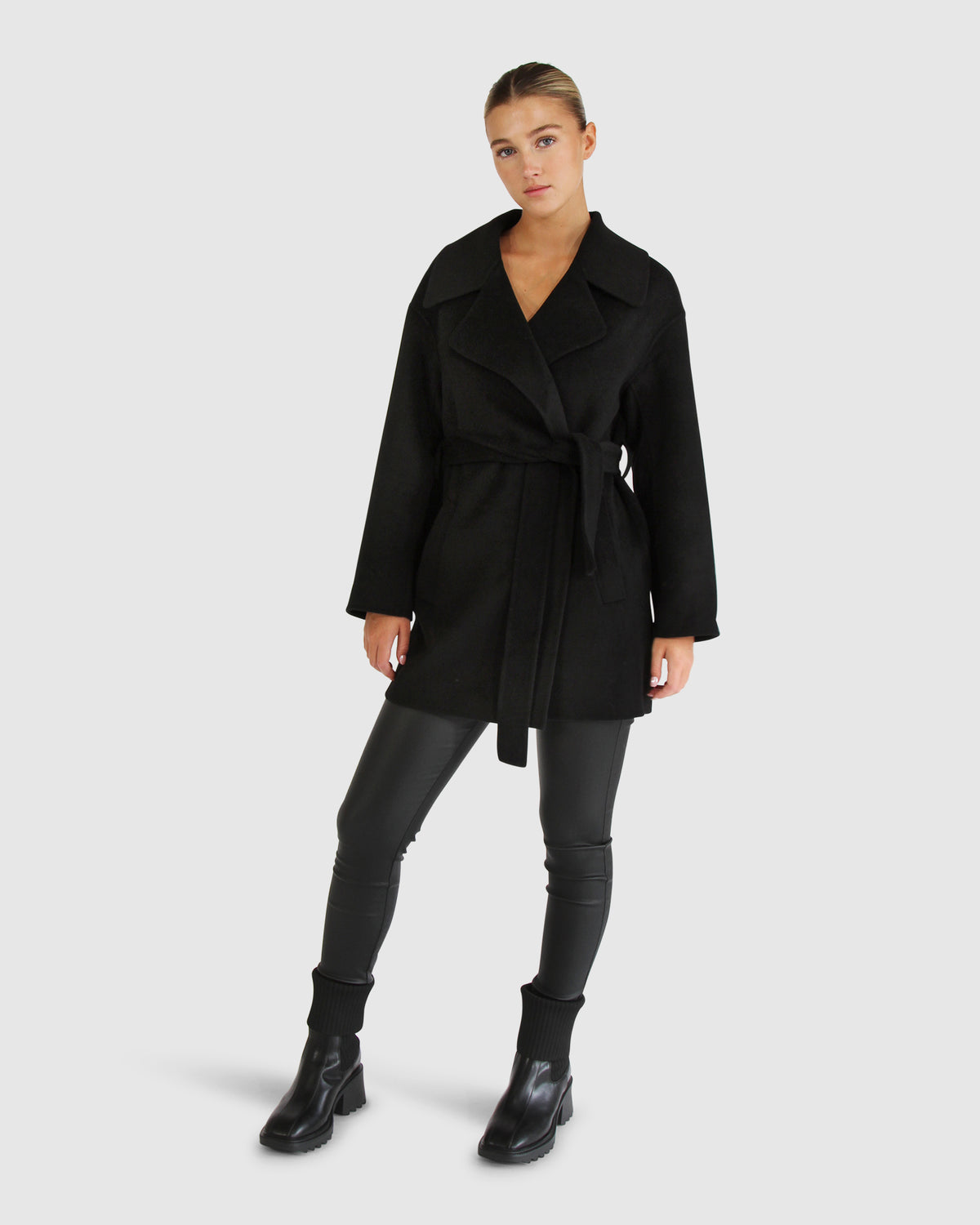 Black Eternal Flame Wool Blend Short Robe Coat with fabric waist tie - alternate view