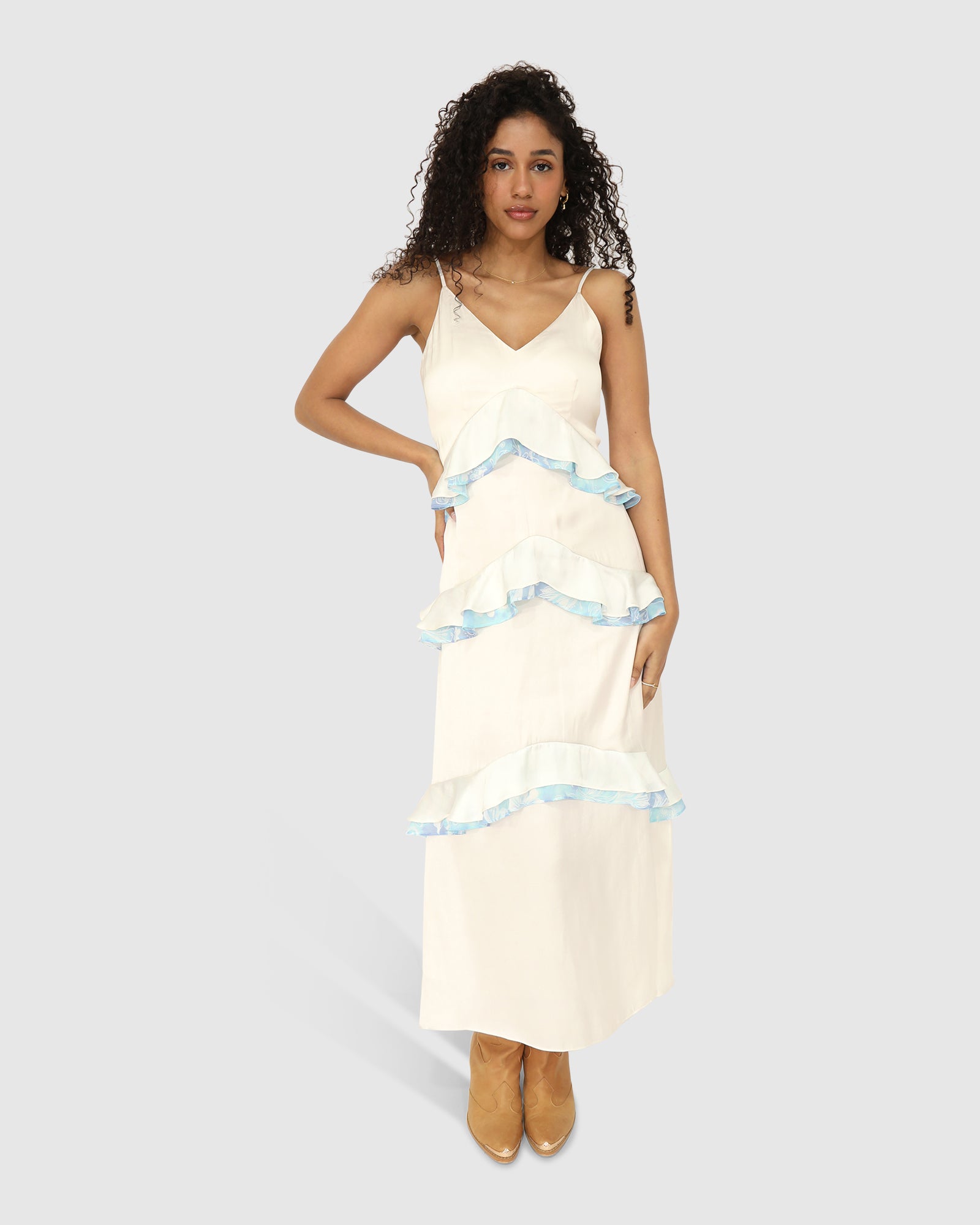 fitted lace wedding dress Lovely Day Ruffle Maxi Dress