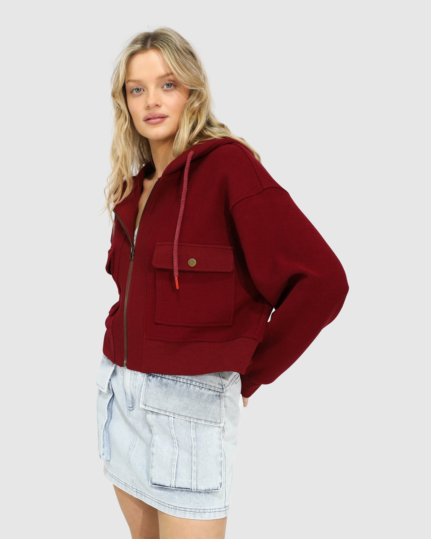 Fireside Cropped Utility Zip Jacket - Burgundy