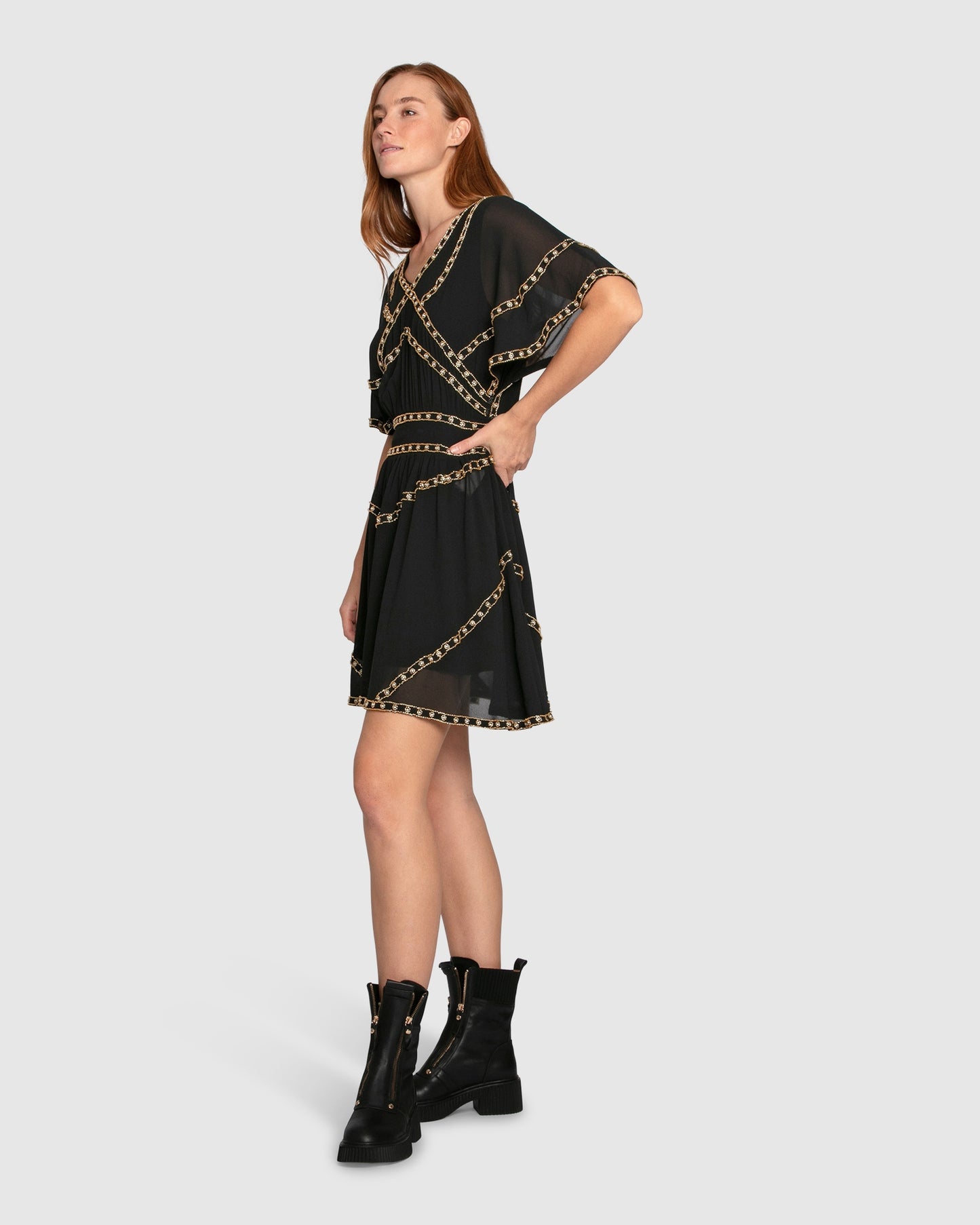 Golden Mark Beaded Trim Mini Dress - Black