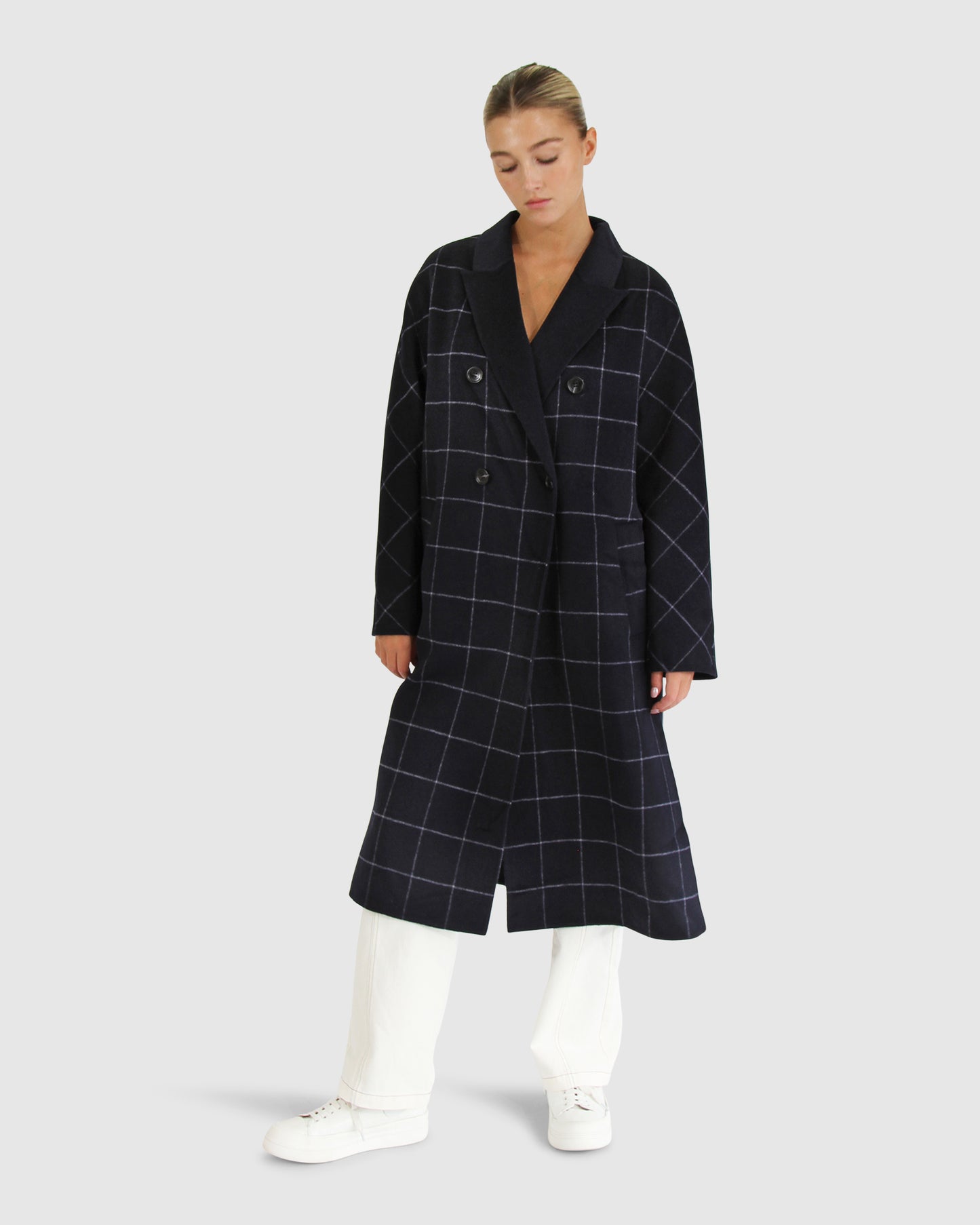 Guestlist Wool Blend Oversized Double Breasted Coat - Navy Plaid