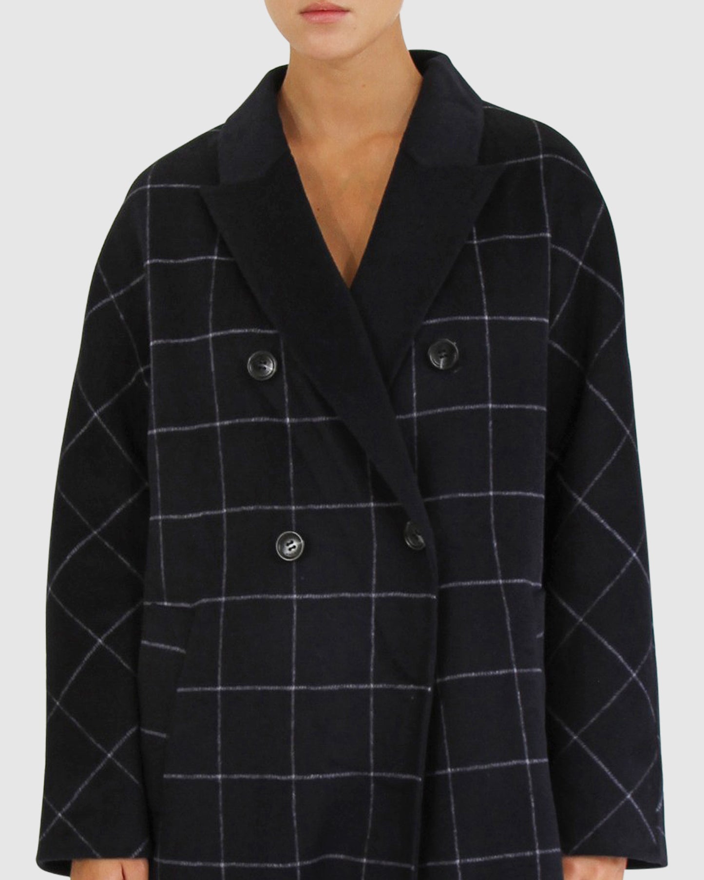 Guestlist Wool Blend Oversized Double Breasted Coat - Navy Plaid