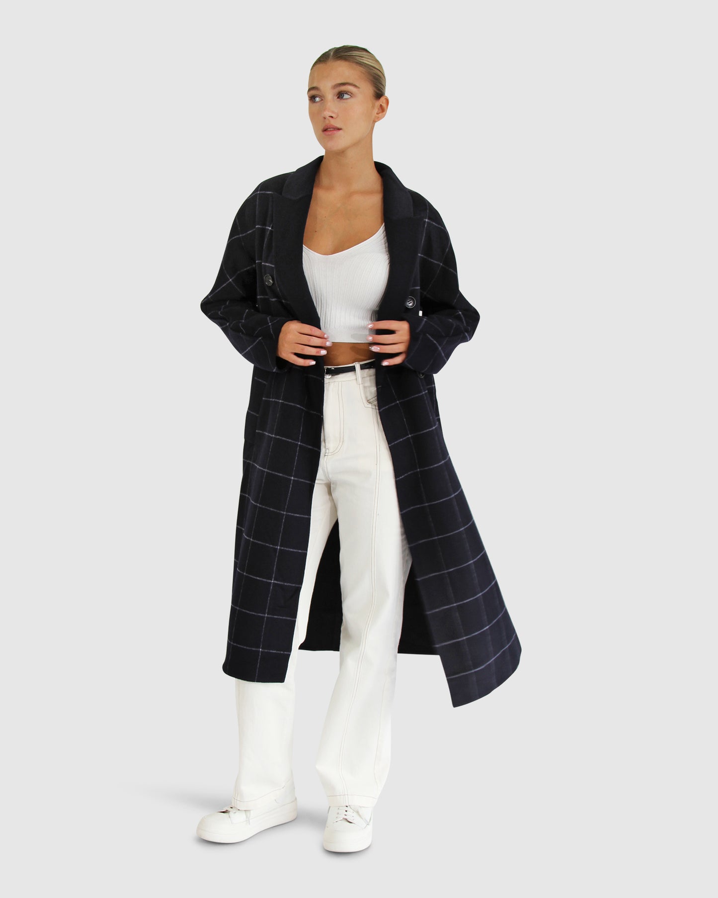 Guestlist Wool Blend Oversized Double Breasted Coat - Navy Plaid