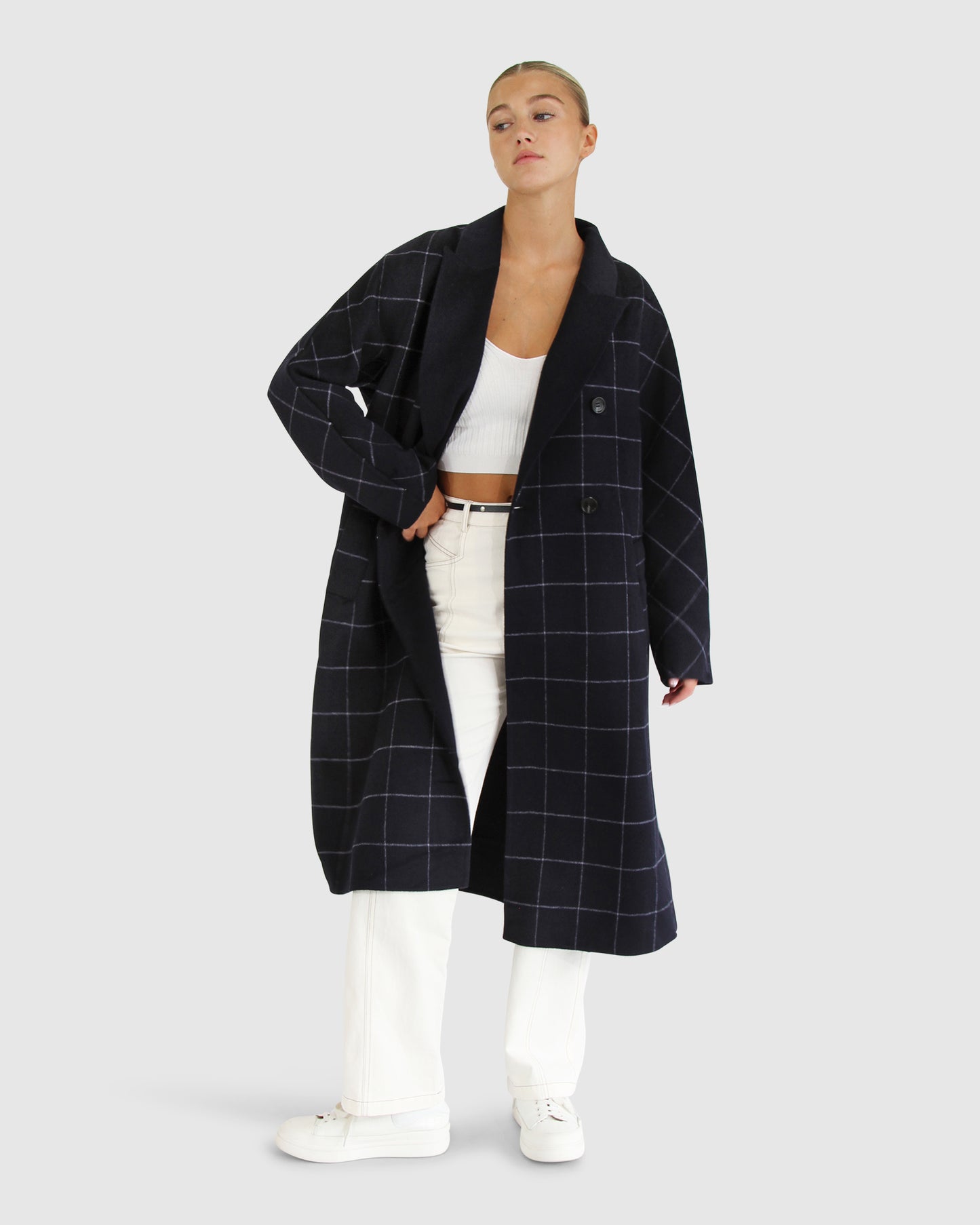 Guestlist Wool Blend Oversized Double Breasted Coat - Navy Plaid