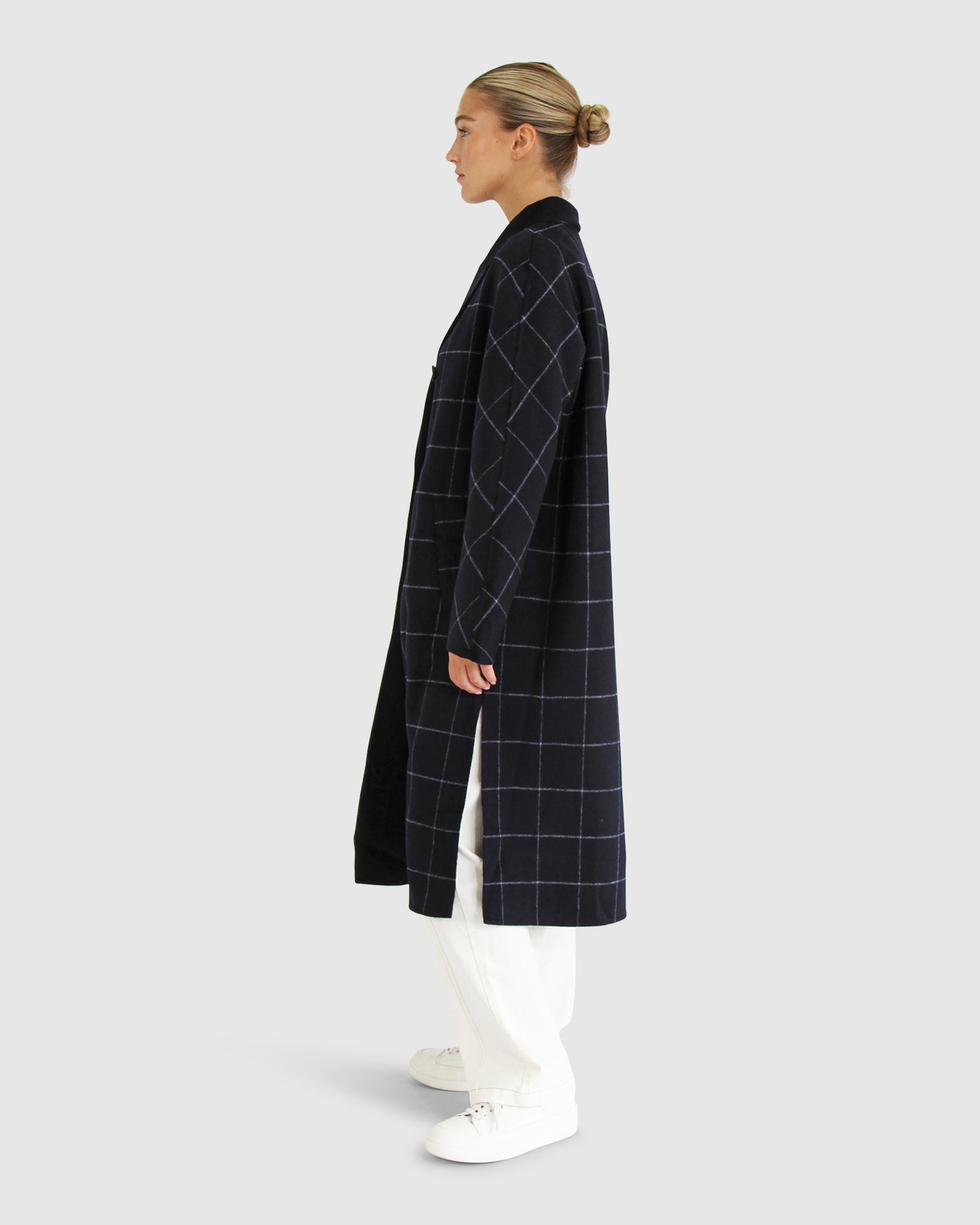 Guestlist Wool Blend Oversized Double Breasted Coat - Navy Plaid