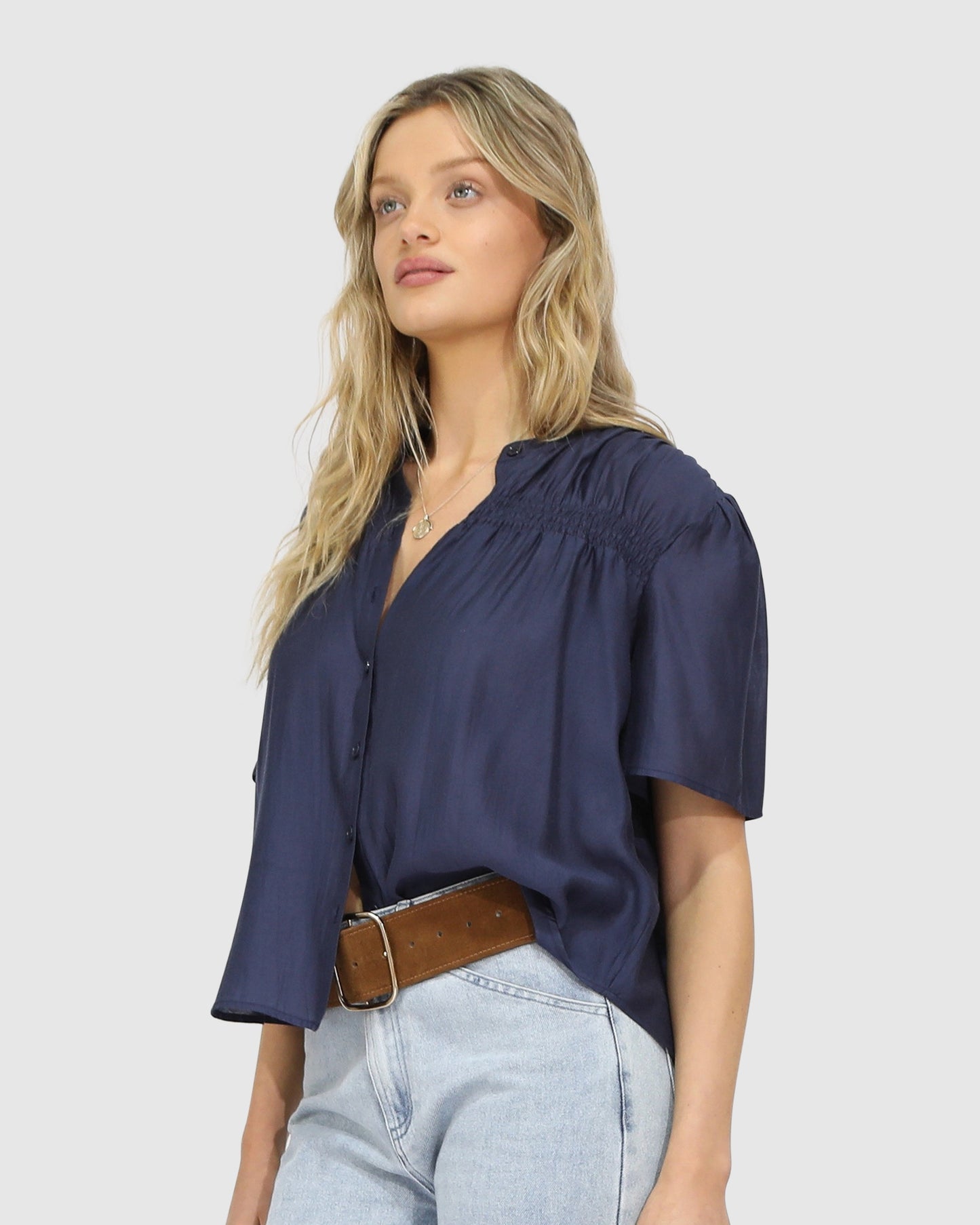 Honeylace Short Sleeve Blouse - Navy
