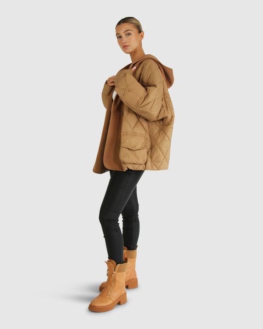 Only You Quilted Utility Puffer Jacket - Camel