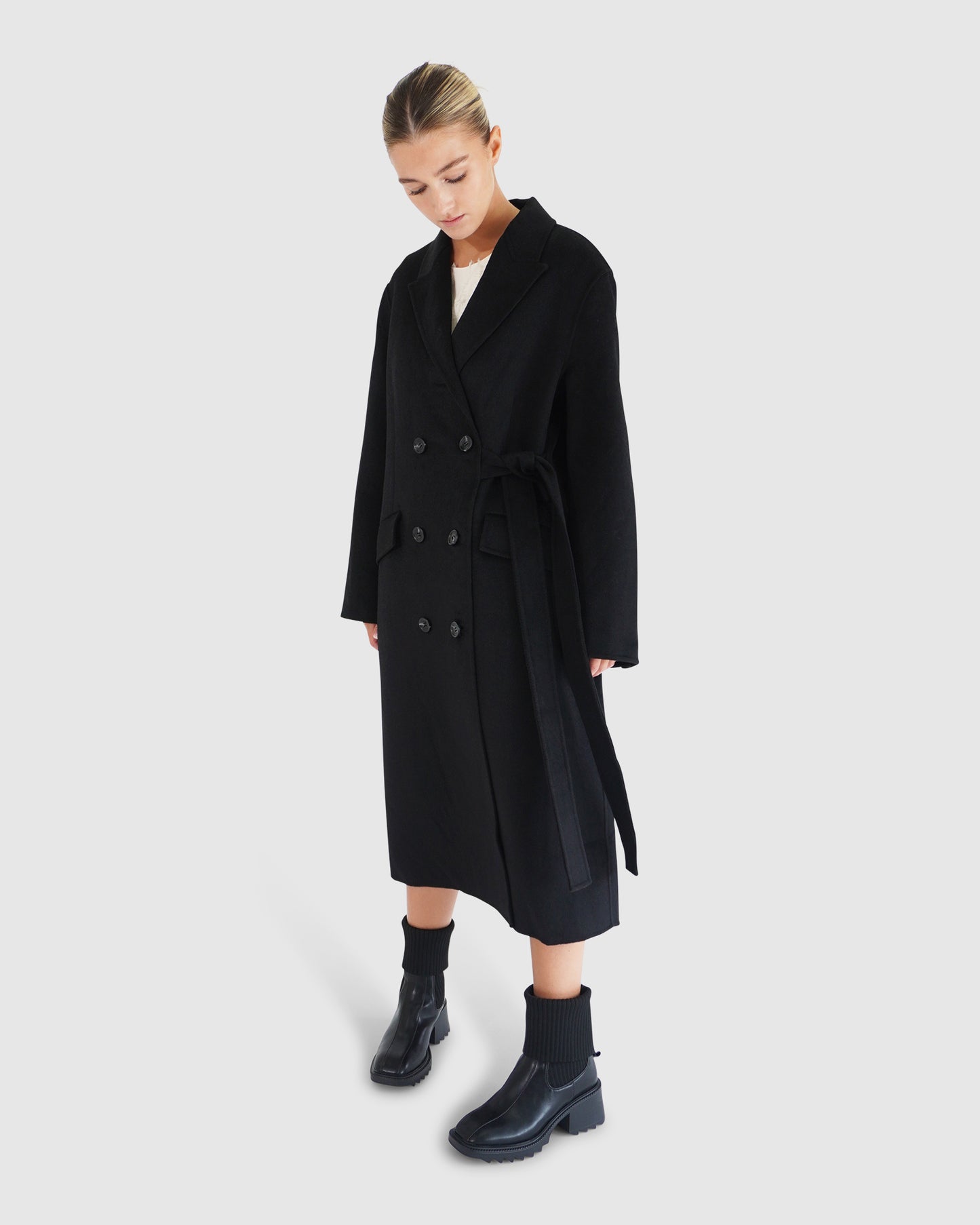 Right There Wool Blend Side Tie Coat - Black