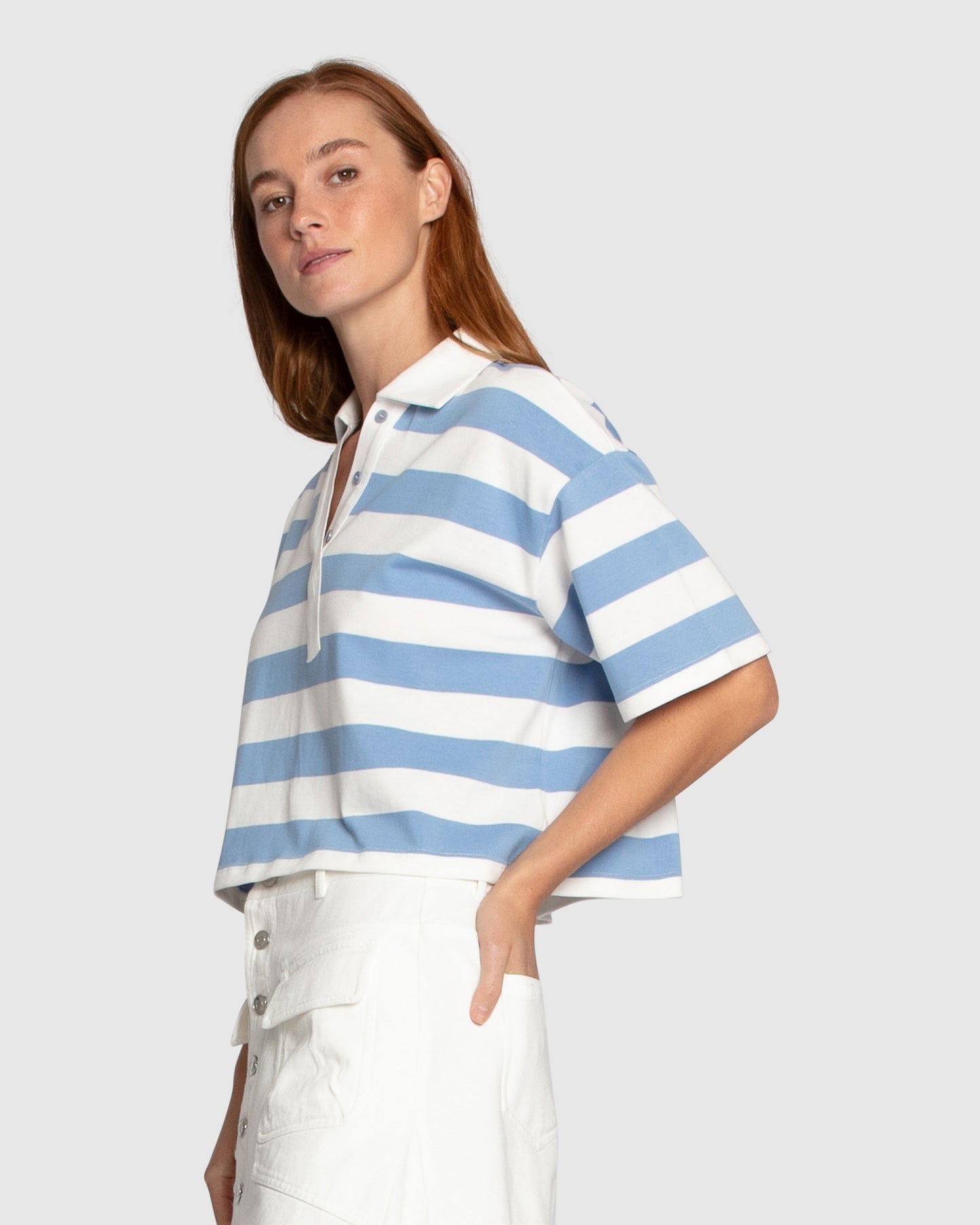 School Boy V-Neck Cropped Polo Top - Blue/White