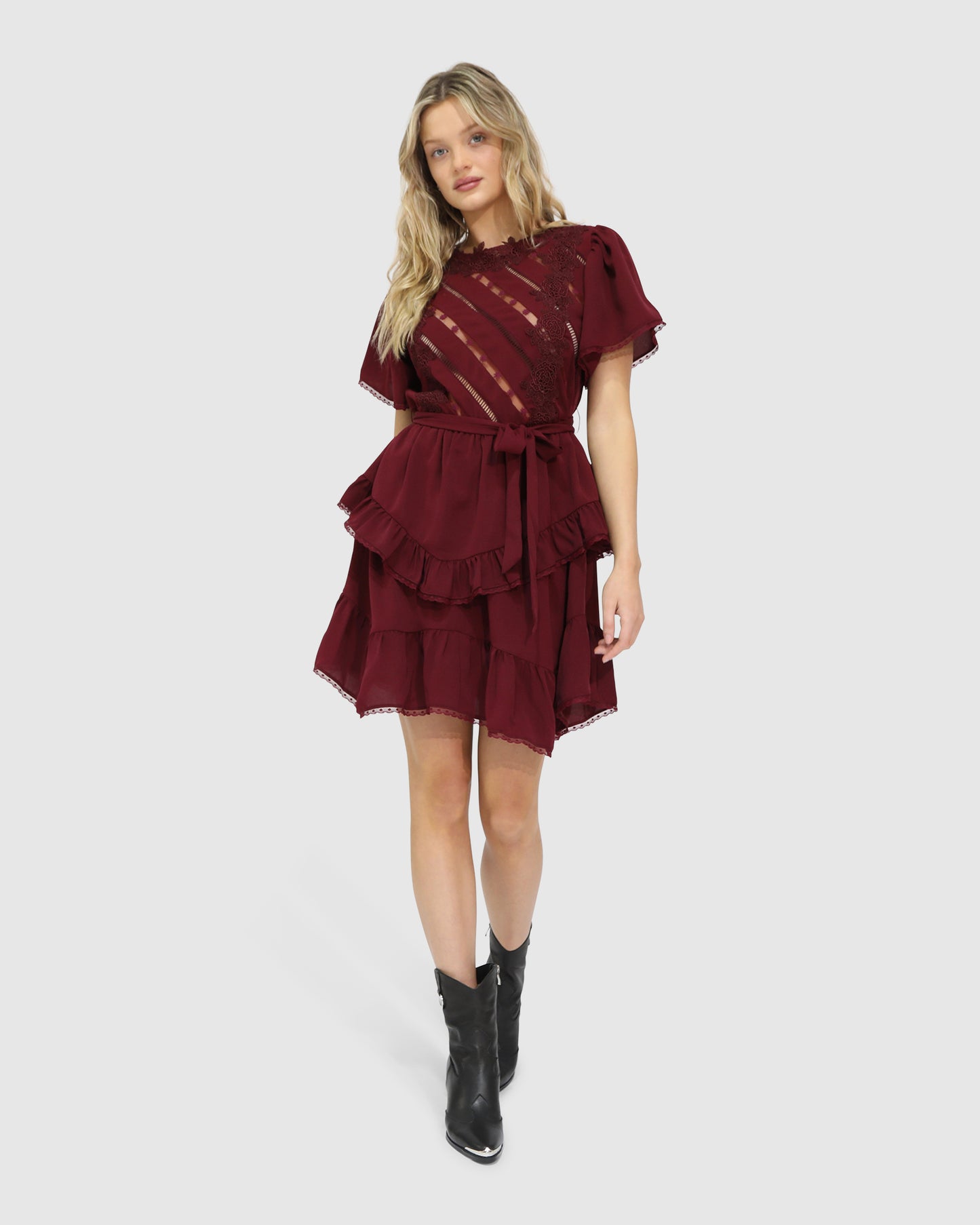 The Softest Spell Ruffle Mini Dress - Burgundy