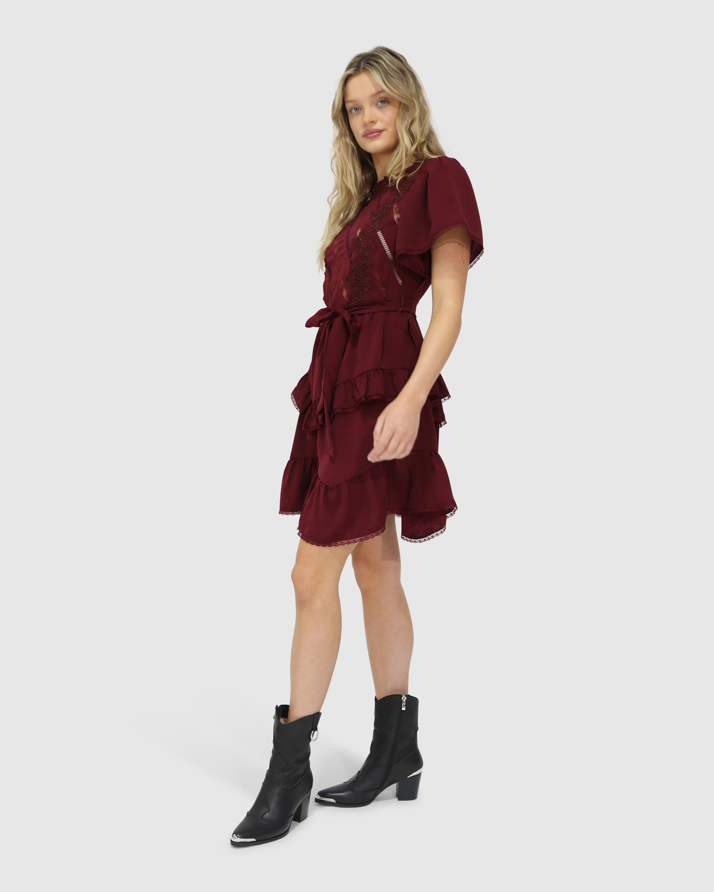 The Softest Spell Ruffle Mini Dress - Burgundy