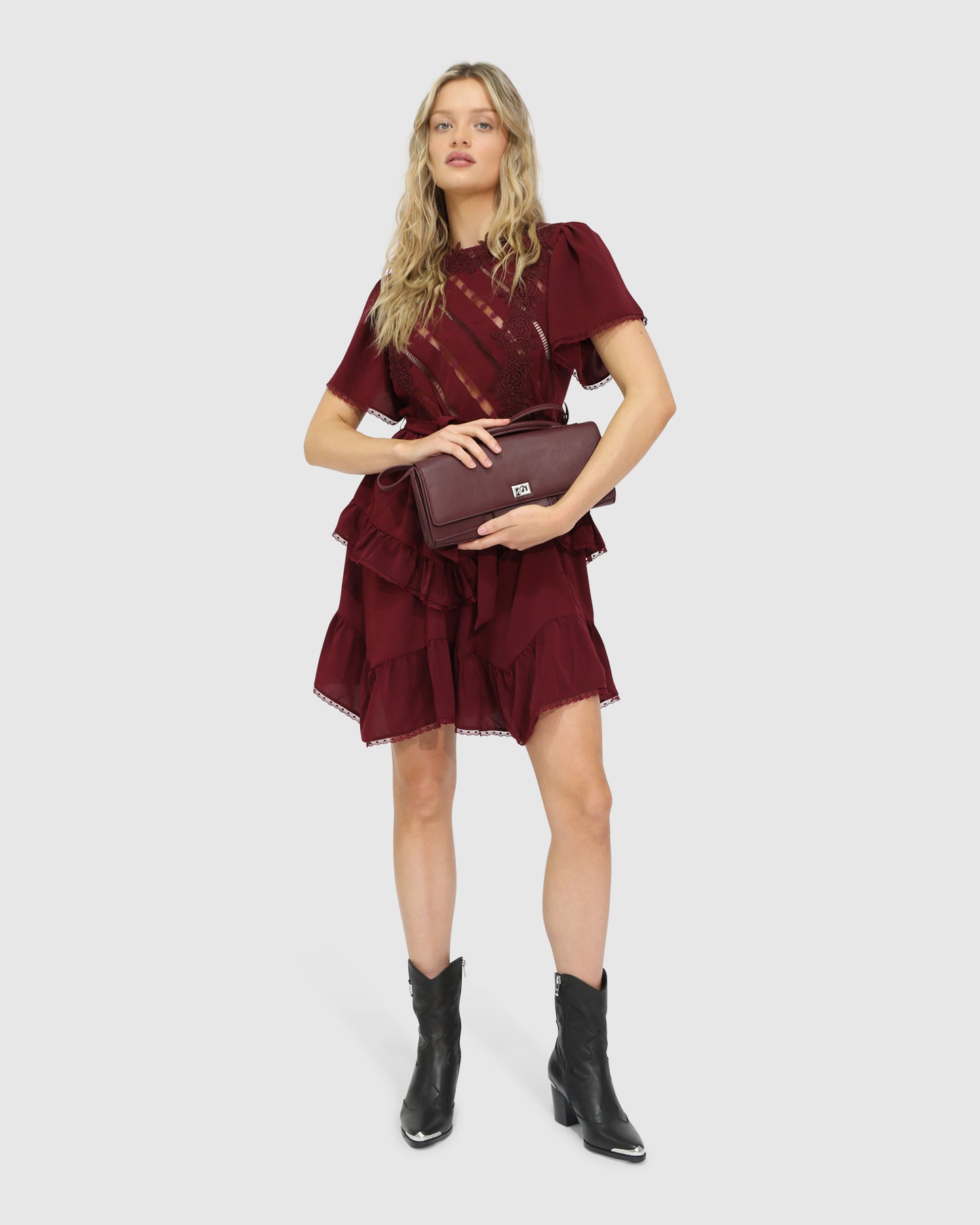 The Softest Spell Ruffle Mini Dress - Burgundy