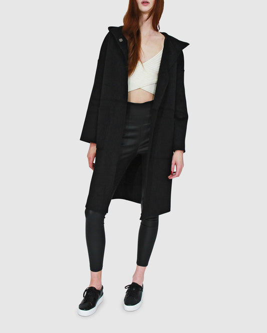 Sunday Morning Wool Blend Hooded Coat - Black