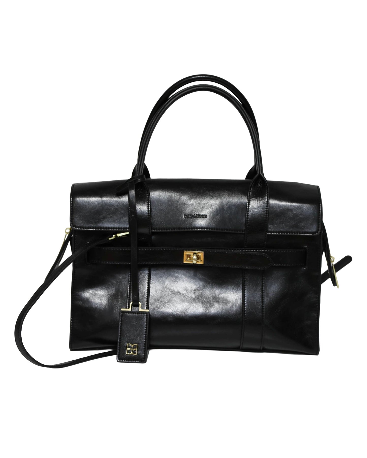 Structured Leather Turn-Lock Tote Bag – Black